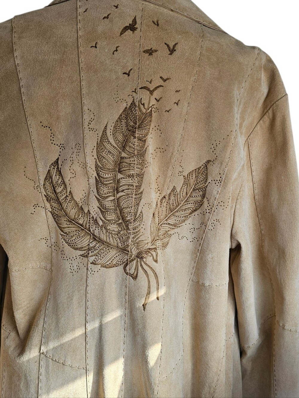 Vintage Suede Duster, Handburned With Feathers On The Back